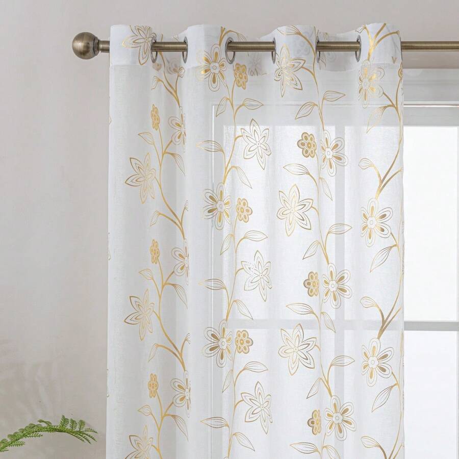 2pcs White Voile Curtains With Gold Foil Printing, Easy Installation With Grommets, Suitable For Bedroom, Living Room, Bay Window, Corridor, Study, Balcony, Kitchen And Other Scenes, All Seasons - 2pcs - View 1