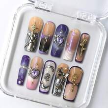 NailNest 10 PCS Handmade Square Press-On Nails | Y2K Gothic Purple Style With 3D Heart Gem, Rose & Moon Embellishments, Edgy Reusable Nail Art For Girls & Women - Màu tím - Xem 10