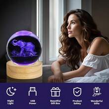 3D Laser Engraved Elephant Crystal Sphere Ornament With Wooden Base, Auto Multi-Color Glow Crystal Globe Table Decor, Wildlife Animal Keepsake Gift For Home Bedroom Desk Display, USB Powered, No Batteries Needed, Not Waterproof - Multicolor - View 6