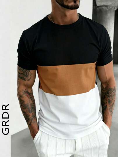 GRDR 1 Peça Camiseta Masculina de Manga Curta com Gola Redonda, Estilo Casual de Negócios, Cores Contrastantes, Novidade de Verão