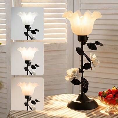 1 stuk rustieke zwarte roos keramische decoratieve tafellamp met USB-poort en afstandsbediening (lamp inbegrepen), geschikt voor woonkamer, slaapkamer, bureau en nachtkastje