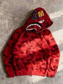 Women's Casual Long Sleeve Hooded Camouflage Print Streetwear Jacket With Shark Design, Fashion Loose Fit Top - ANK1108HS-紅色 - 查看 5