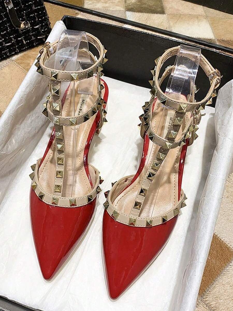 Giày cao gót đinh tán mùa hè mới về năm 2026, giày cao gót mũi nhọn cho nữ, sandal gợi cảm đa năng. - Đỏ - Xem 1