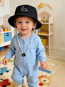 1pc Baby Anti-Drop Lanyard Bucket Hat, Dinosaur Embroidery + Soft Color Blocking Sun Protection Cute Daily Essential Cap - Little Dinosaur - View 5