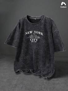 Áo thun nam Hemo, họa tiết đường phố New York, chất liệu cotton pha, hơi co giãn, kiểu dáng rách nhẹ, cổ tròn, tay ngắn, màu đen, thích hợp mặc hàng ngày. - màu đen - Xem 1