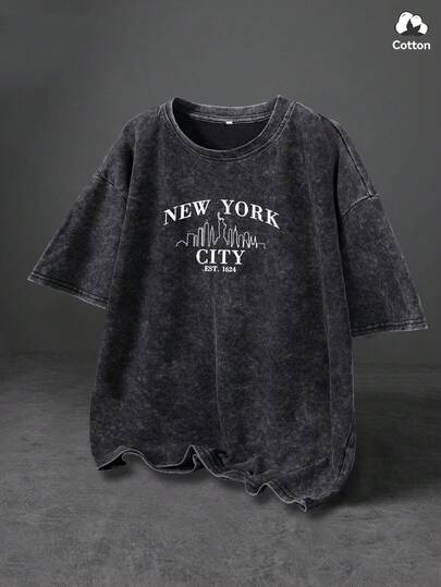 Hemo 男士纽约街头图案T恤，略带弹力做旧棉混纺黑色圆领短袖T恤，休闲日常穿着