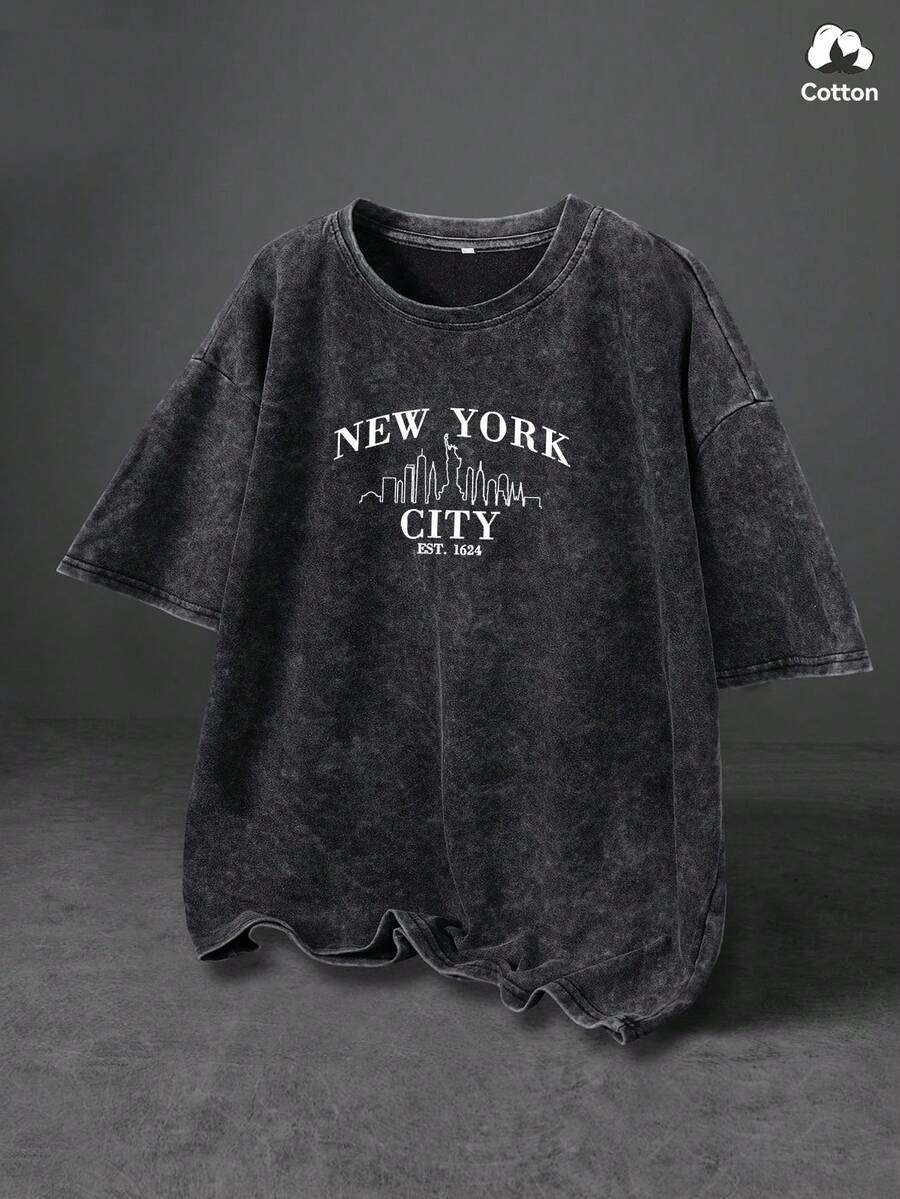 Áo thun nam Hemo, họa tiết đường phố New York, chất liệu cotton pha, hơi co giãn, kiểu dáng rách nhẹ, cổ tròn, tay ngắn, màu đen, thích hợp mặc hàng ngày. - màu đen - Xem 1