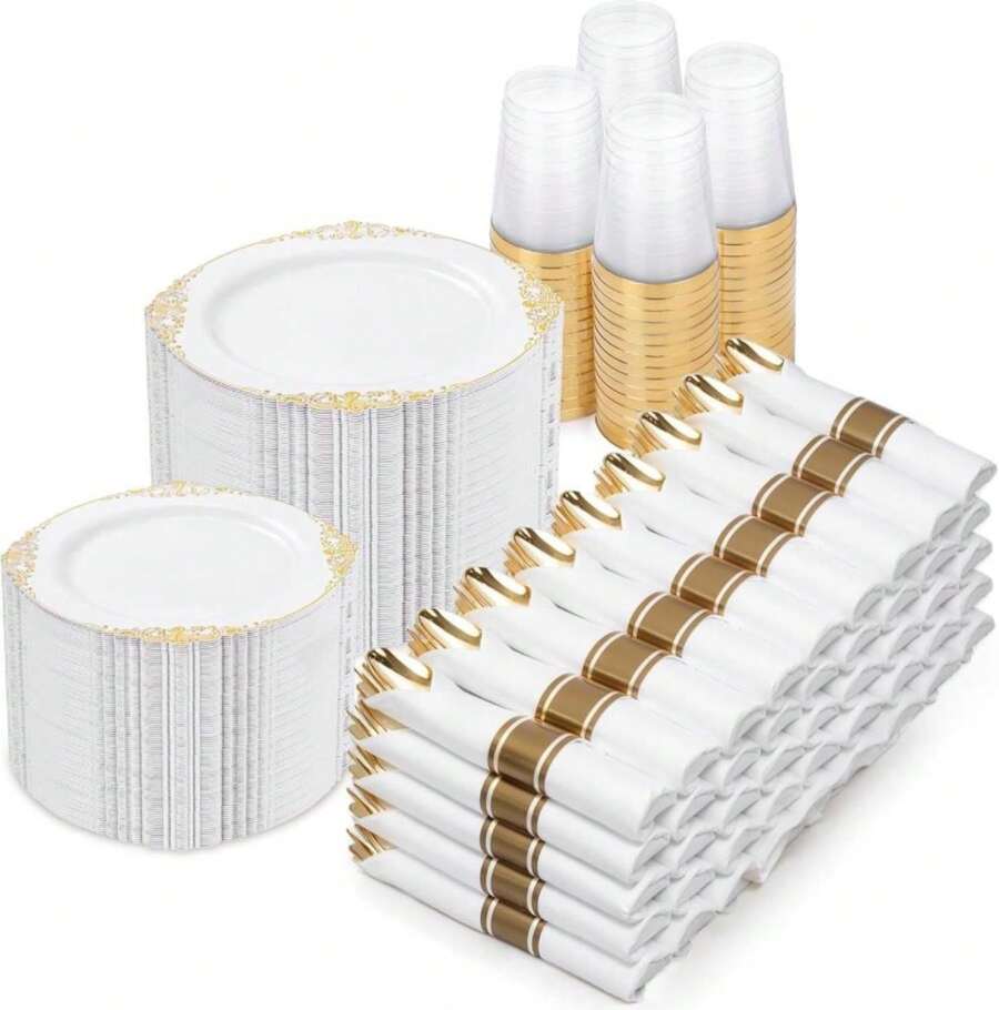 Nervure 700PCS Gold Plastic Plates - Gold Plastic Dinnerware Sets For 100 Guests - 200 Disposable Plates, 300 Silverware, 100 Cups, 100 Napkins For Wedding &Amp; Party - Vàng - Xem 1