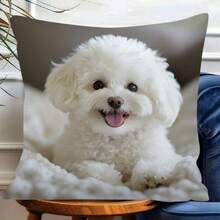 1Pc Cute White Puppy Print Throw Pillow Cover, 17.7*17.7 Inches, Single-Side Print, Suitable For Farmhouse, Living Room, Bedroom, Sofa, Porch, Patio, Outdoor Decor, Machine Washable With Zipper, Not Insert Included - Multicolor - View 4