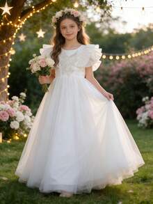 少女优雅刺绣蝴蝶结长袖薄纱长裙，公主裙，适合花童、生日派对、婚礼、舞会、毕业典礼、复活节等场合。 - 白色 - 查看 1