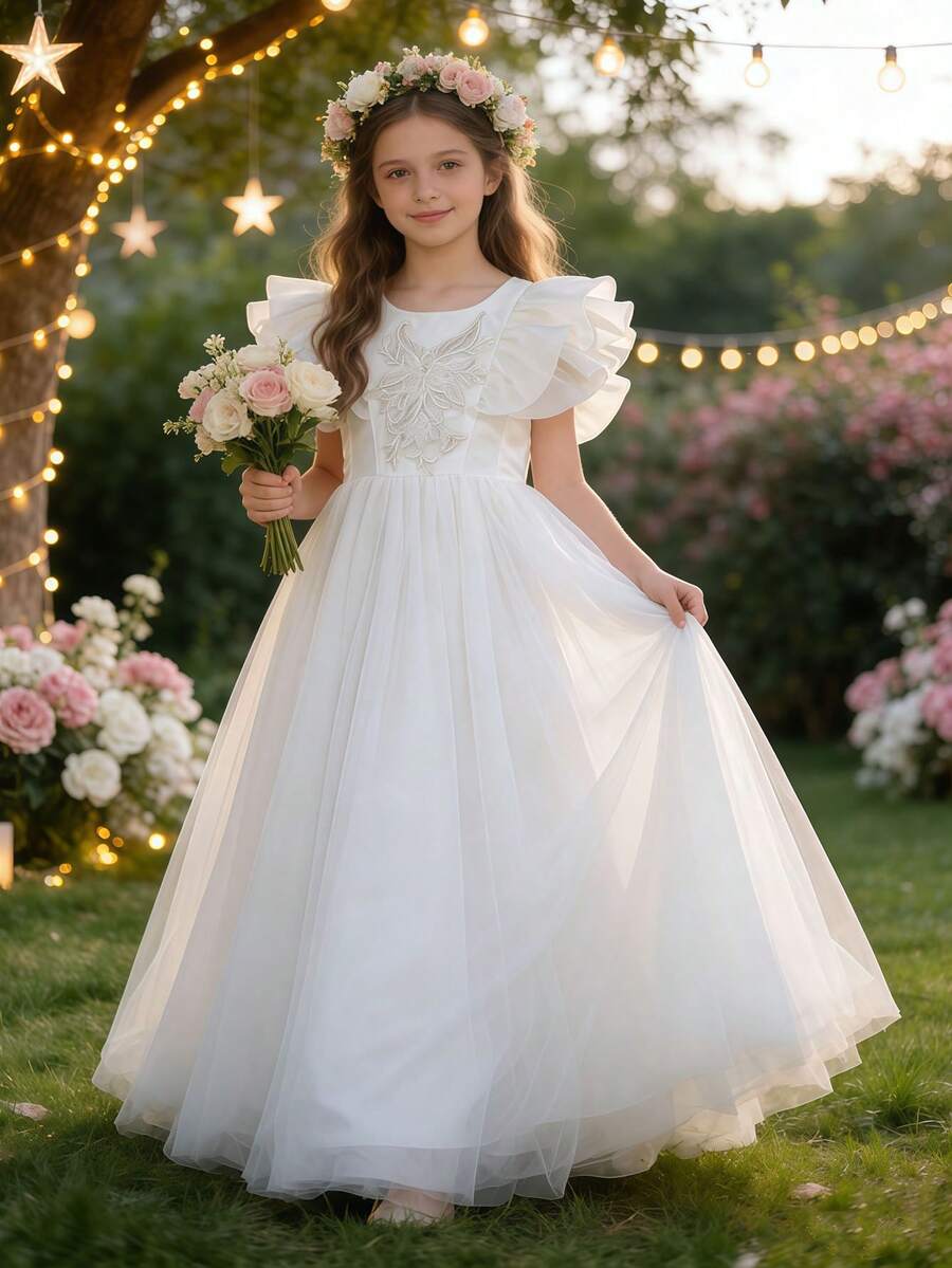 少女优雅刺绣蝴蝶结长袖薄纱长裙,公主裙,适合花童、生日派对、婚礼、舞会、毕业典礼、复活节等场合。 - 白色 - 查看 1