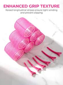 2.56 Inch 14pcs/Set Self-Adhesive Curler Set, Includes 6 Curlers And 6 Clips + 2 Bangs Clips, Salon Quality Curler For DIY Hairstyling, No Heat Curler - Pink - View 10