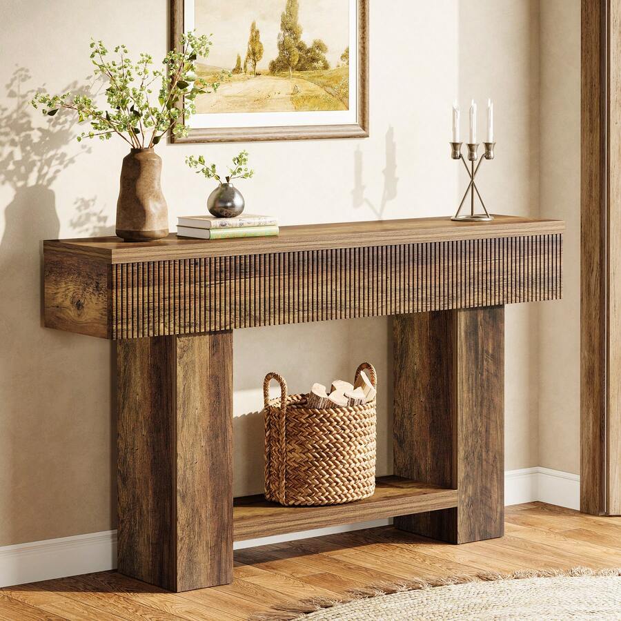 Tribesigns 55-Inch Console Table With Storage, Farmhouse Entryway Table Furniture For Hallway, 2-Tier Sofa Table For Behind Couch, Rustic Wood Console Table For Living Room & Foyer - Rustic Brown - View 1