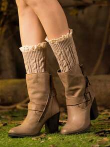 Of Lace Leg Covers Paired With Covers For Boots Warm Leg Protection Women's Autumn And Winter Short Knitted With Pleated Lace, Cozy - Cà phê nâu - Xem 3