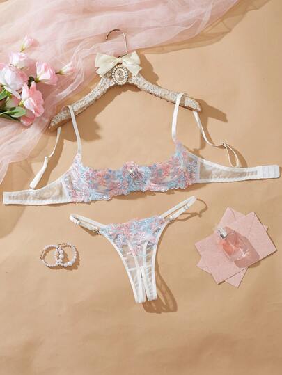 Sexy Lingerie Set, Embroidered Bra And Panty Set In Pale Pink And Blue With White Accents, Semi-Open Design, Minimalist Yet Glamorous, Elegant And Alluring, Uniquely Blending Charm And Fashionable Sophistication.