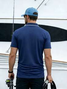 Men's Navy Blue Short Sleeve Polo Shirt, White Contrast Collar, Sports Top, Suitable For Golf, Outdoor And Daily Wear - Navy Blue - View 3