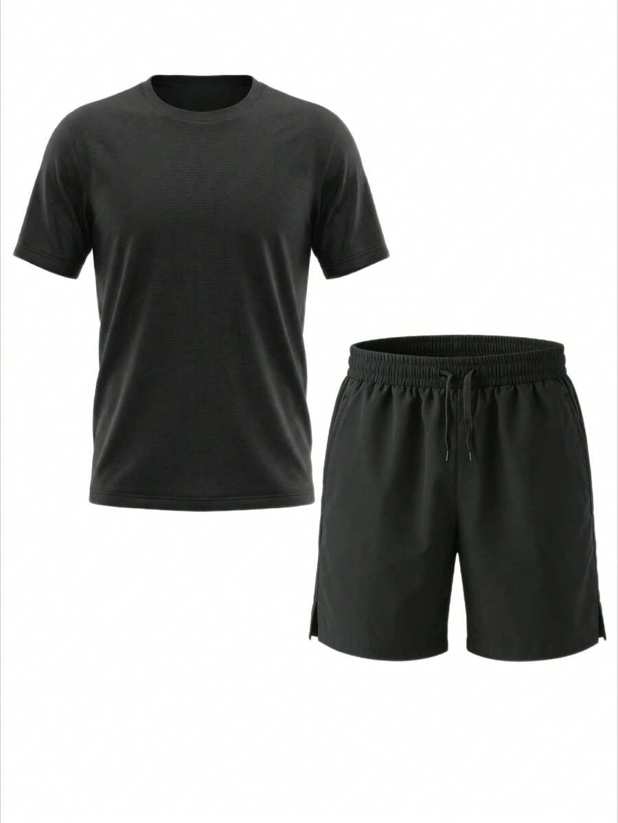 男士运动速干条纹背心短裤套装，轻便透气健身跑步休闲服，春夏黑色 - 黑色 - 查看 1