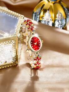 SOKI SOKI Mother's Day Women's Watch Set, Fashionable Exquisite Round Dial Quartz Watch With Heart-Shaped Pendant Necklace, Earrings, And Ring, Suitable For Daily Wear, Birthday, Back To School, Thanksgiving, Romantic Occasions, Best Gift (Excluding Gift Box) - Red - View 3