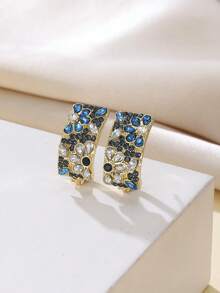 1 Pair Women's Vintage Blue & Cubic Synthetic Zirconia Hoop Earrings - Multicolor Flower & Leaf Hoops With Blue/Green/White/Gold Color/Grey, Sparkling Party Wedding Jewelry Gift For Christmas, Anniversary - Earrings - View 4