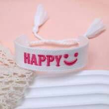 1件手工“HAPPY”笑脸编织手链，复古简约可爱派对礼物，波西米亚风假日旅行配饰 - 白色 - 查看 4