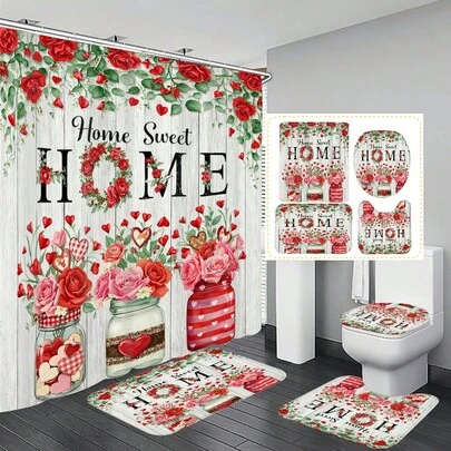 1pc/4pcs Floral Vase Wooden Pattern Multifunctional Bathroom Decor Shower Curtain Set, Free 12pcs Hooks Included, Elegant Holiday Atmosphere, Bathroom Mat, U-Shaped Floor Mat And Round Toilet Mat, Suitable For All Scenarios Bathroom Set