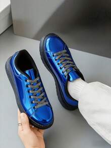男士运动鞋 金属银色厚底运动鞋 亮片鞋带 墨迹泼墨鞋底 时尚休闲鞋 - 藍色 - 查看 12