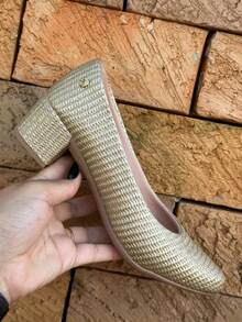 Women's Medium Block Heel Pump With Pointed Toe, Comfortable, Dressy, Casual, And Modern. - Gold - View 2