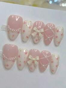 Floral Pearl French Almond Short Press On Nails - Girly Cute Bowknot Ballet Style, Simple Versatile Handmade Women, Reusable Daily Wear & Party, Nail Art Supplies - M - 查看 5