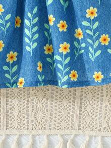 夏日多巴胺连衣裙，蓝色底色配黄色花朵图案+Polo领，女童活力连衣裙 - 藍色 - 查看 5