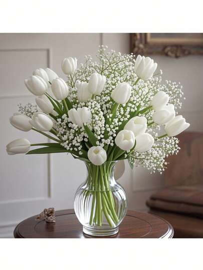 3/30pcs Artificial Plants Spring Summer Living Room Decor Bouquet Gypsophila And Tulip Set For Wedding Decoration, Home Office Room DIY Floral Arrangement, Outdoor Party Centerpiece, Mother's Day Gift