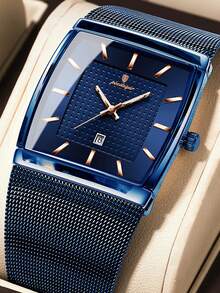 1pc Men's Stainless Steel Waterproof Luminous Date Watch, Mesh Strap Rectangular Dial, Casual Quartz Wristwatch, Suitable For Daily Wear, Perfect Gift - Blue - View 12