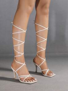 女士白色方头交叉绑带细高跟凉鞋，性感派对时尚简约舒适高跟鞋，增高增腿长 - 白色 - 查看 5