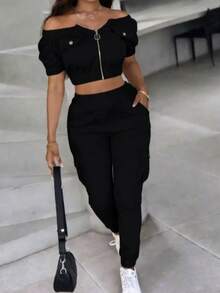 Women's Solid Color Off-Shoulder Zipper Front Cropped Top And Pants Set Black Elegant Summer - Black - View 4