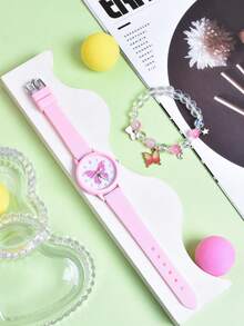 Bộ 2 chiếc đồng hồ trẻ em dây đeo silicon mềm mại dễ thương, đồng hồ đeo tay thạch anh hình bướm hoạt hình dành cho học sinh tiểu học, vòng tay đính hạt có mặt dây chuyền hình bướm. - Hồng - Xem 7