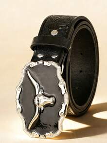 1pc Women's New Black Bull Street PU (Polyurethane) Waist Belt, Handmade Orange Embossed PU Outerwear Dress, Versatile Western Style Suitable For Daily Use - Black - View 8