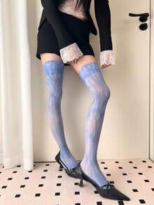 1双女士扎染过膝袜，雾蓝色 - 霧霾藍 - 查看 1