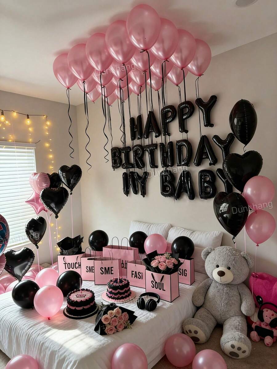 13/60件組粉色與黑色生日氣球花環套組,包含生日快樂橫幅、心形鋁箔氣球、珍珠粉加厚乳膠氣球,適合女性公主主題派對、蝴蝶結主題派對、背景裝飾、週年紀念、飯店驚喜、拍照道具 - 款式二 - 查看 1