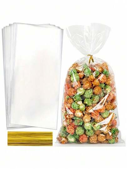 Túi nhựa trong suốt OPP đựng bỏng ngô, có dây buộc vàng, dùng để đóng gói bỏng ngô, quà tặng tiệc tùng, kẹo, bánh ngọt, túi đựng thực phẩm di động, giấy gói quà cho nam nữ, dùng trong tiệc cưới, đóng gói quà tặng thực phẩm, đồ dùng nhà bếp, sinh nhật, tốt nghiệp, dụng cụ làm bánh, phụ kiện nhà bếp, đồ dùng nhà bếp