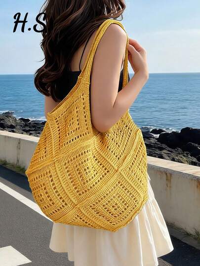Túi tote đan móc rỗng kiểu vintage mới, dung tích lớn, túi đeo vai thoải mái kiểu châu Âu và Mỹ, đa năng cho đi làm, quà tặng cho bạn gái, sinh viên đại học, du lịch, mua sắm.