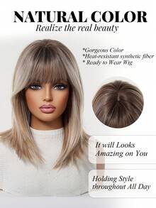 Tóc giả dài trung bình 16 inch, màu ombre vàng ánh kim, có mái bằng, được làm từ sợi tổng hợp chịu nhiệt, dễ đội và dễ bảo quản, phù hợp cho phụ nữ sử dụng hàng ngày, lễ hội, tiệc tùng và cosplay. - Tóc vàng ombre - Xem 4