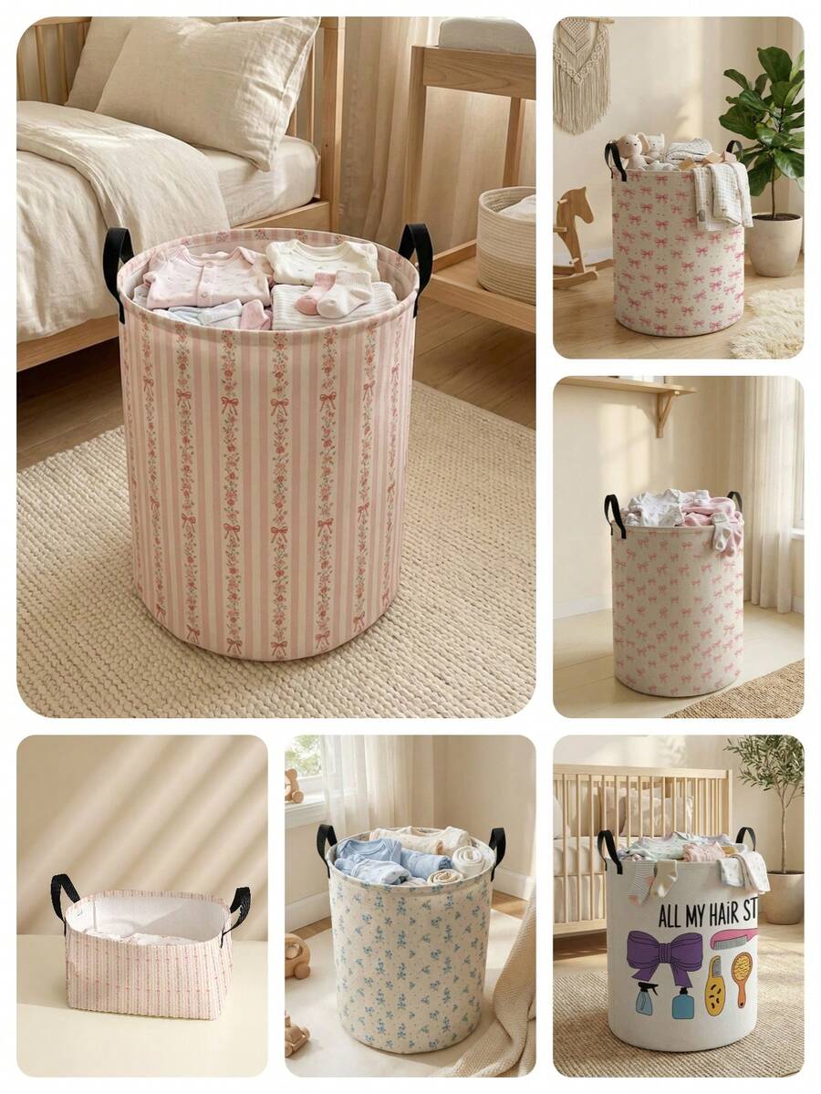 1pc Bow Pattern Printed Large Capacity Foldable Round Storage Basket With Handle, Multi-Purpose Storage Basket For Nursery, Baby Diaper, Clothes, Toys And Other Accessories