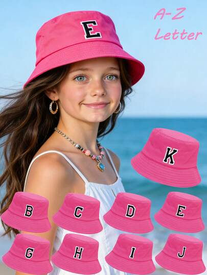 Girls Hot Pink A-Z Letter Embroidered Bucket Hat, 8-16Y Kids Adjustable Sun Protection Bucket Hat, Fashion Outdoor Summer Headwear For Teenagers