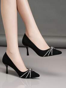 Women's Fashionable & Comfortable Rhinestone Lace-Up Pointed Toe Stiletto High Heel Pumps, Versatile Slip-On Shoes - Black - View 5