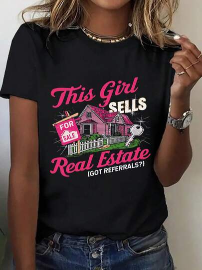 Camiseta ligera para mujer con la frase divertida "Voy a vender esta casa (¿Alguna recomendación?)", diseño de casa y letrero en rosa, camiseta de manga corta con cuello redondo y transpirable, duradera para uso casual y profesional en todas las estaciones, adecuada para agentes inmobiliarios, lavable a máquina, ideal para el desarrollo profesional, 100% algodón.