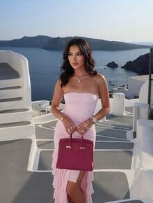 Đầm ống màu trơn thanh lịch, giản dị, gợi cảm, chất liệu vải dệt kim, nhiều lớp xếp nếp/bèo nhún ở gấu, thích hợp cho kỳ nghỉ biển, tiệc tùng/ăn tối trang trọng, màu hồng. - Hồng - Xem 3