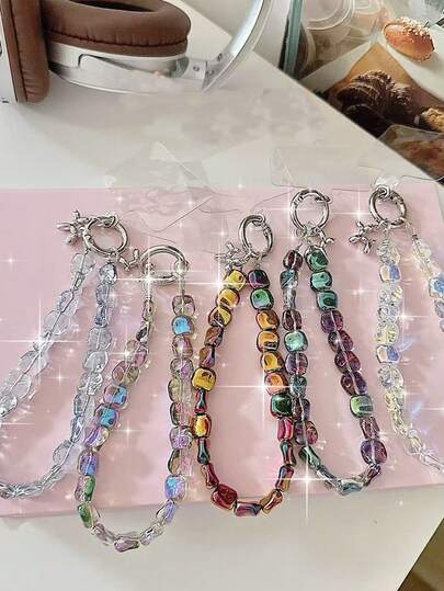 1 chiếc dây đeo điện thoại ngọc trai trong suốt nhiều màu sắc, kiểu dáng mùa hè, phong cách , phụ kiện điện thoại hình pha lê chủ đề kỳ nghỉ biển, móc khóa xe hơi.