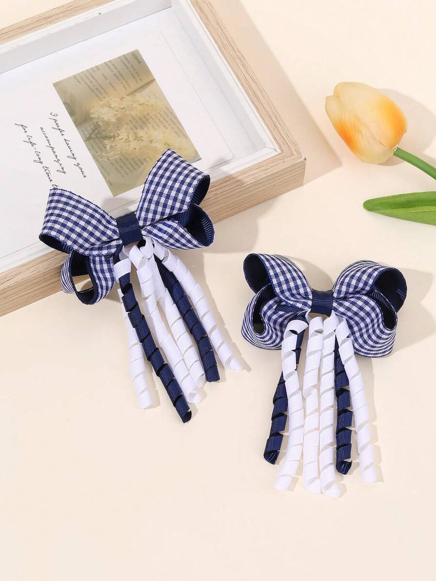 2pcs/Set Girls' Hair Clips, Blue & White Bow Alligator Clips, Curly Tassel Hair Clips, Elegant Fashion Hair Pins, Bowknot Hair Clips For Girls, Daily, Birthday, Wedding, Music Festival Gift, Teens Hair Accessories - Blue - View 1