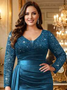 Plus Size Deep V-Neck Sequin Floral Lace Ruffle Waist Contrast Draped Side Ruffle Satin Mermaid Hem Evening Party Dress, Wedding Guest Dress, Elegant Formal Evening Gown, Suitable For Birthday, Graduation, Gala Spring - Dusty Blue - View 7