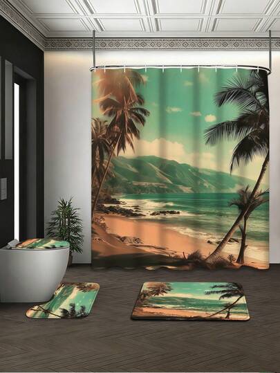 1/3/4pcs Vintage Mediterranean Tropical Beach Shower Curtain Set, Palm Tree & Seascape Pattern Bathroom Curtain, Waterproof & Mildew Resistant Bathroom Decor & Accessories, 72in*72in - Shower Curtain With 12 Hooks, Includes Toilet Seat Cover, Bath Mat And Rug, Made Of Polyester - Washable - Suitable For Holiday Decoration, Spring/Bedroom/Western/Home Decor, Housewarming Gift, Beach Lover Gift, Beach Themed Home Accessories