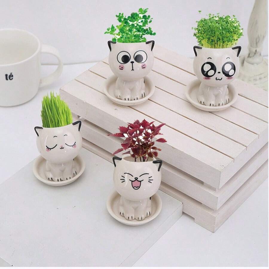 1个陶瓷花盆(不含植物),可爱卡通迷你猫桌面装饰品,DIY桌面盆栽植物,室内盆栽植物,适用于卧室、餐厅、办公室、学校,是送给朋友、家人和爱人的绝佳礼物。 - A - 查看 1